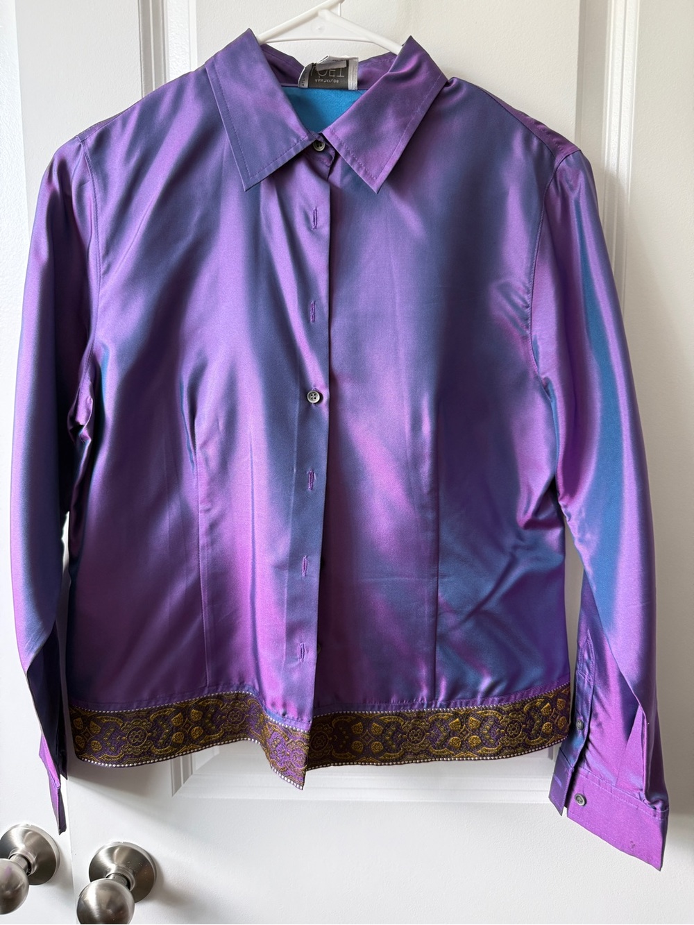 LOFT Iridescent Purple-Blue Button Down Shirt with Embroidered Hem